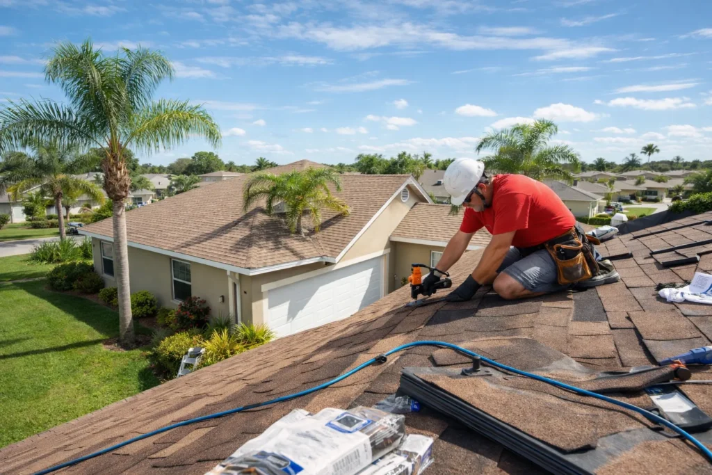 Roofing contractor working on residential roof in Winter Springs FL
